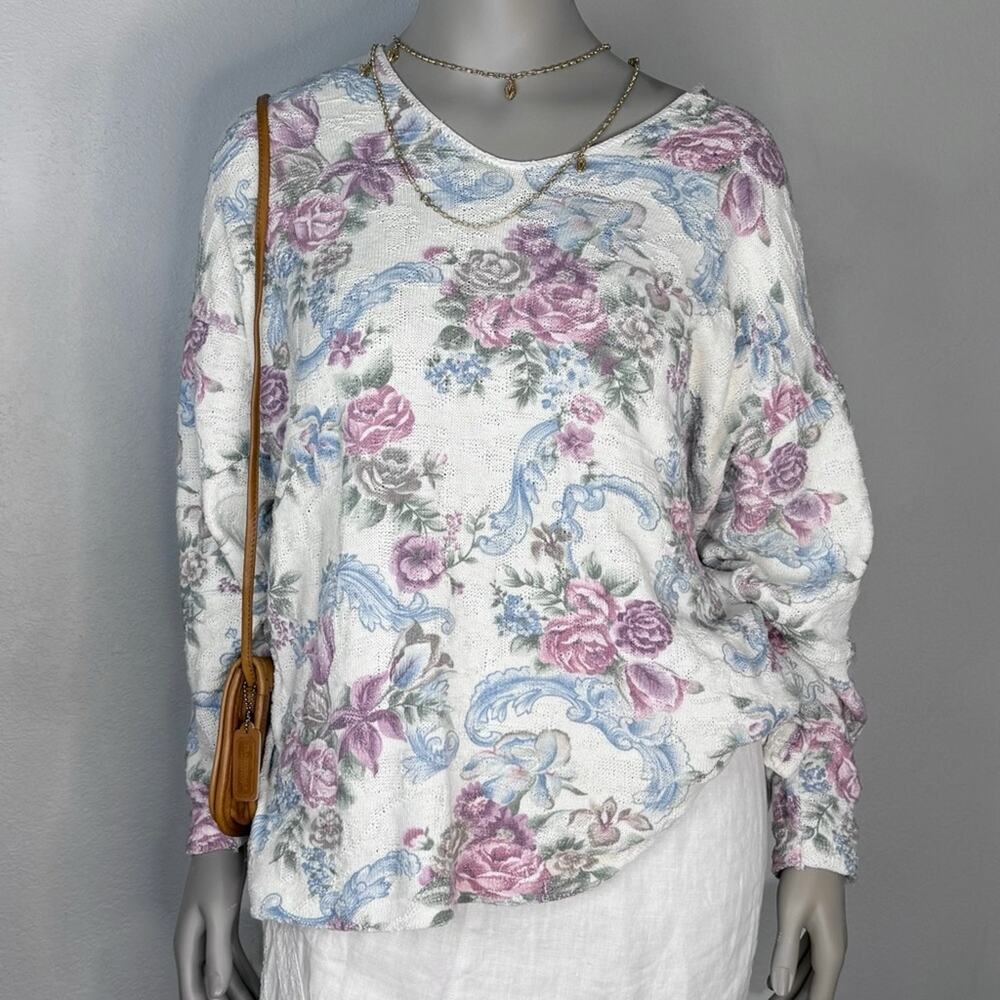 Vintage Sport Club Floral Knit Sweater Pastel Cottagecore Grandmacore Medium